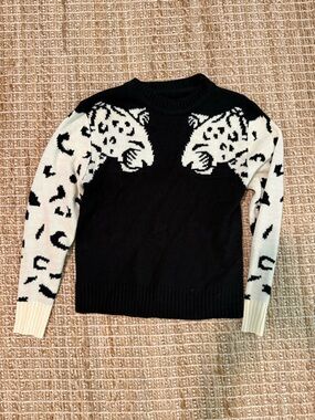 Amazon Black and Cream Leopard-Accent Crewneck Sweater